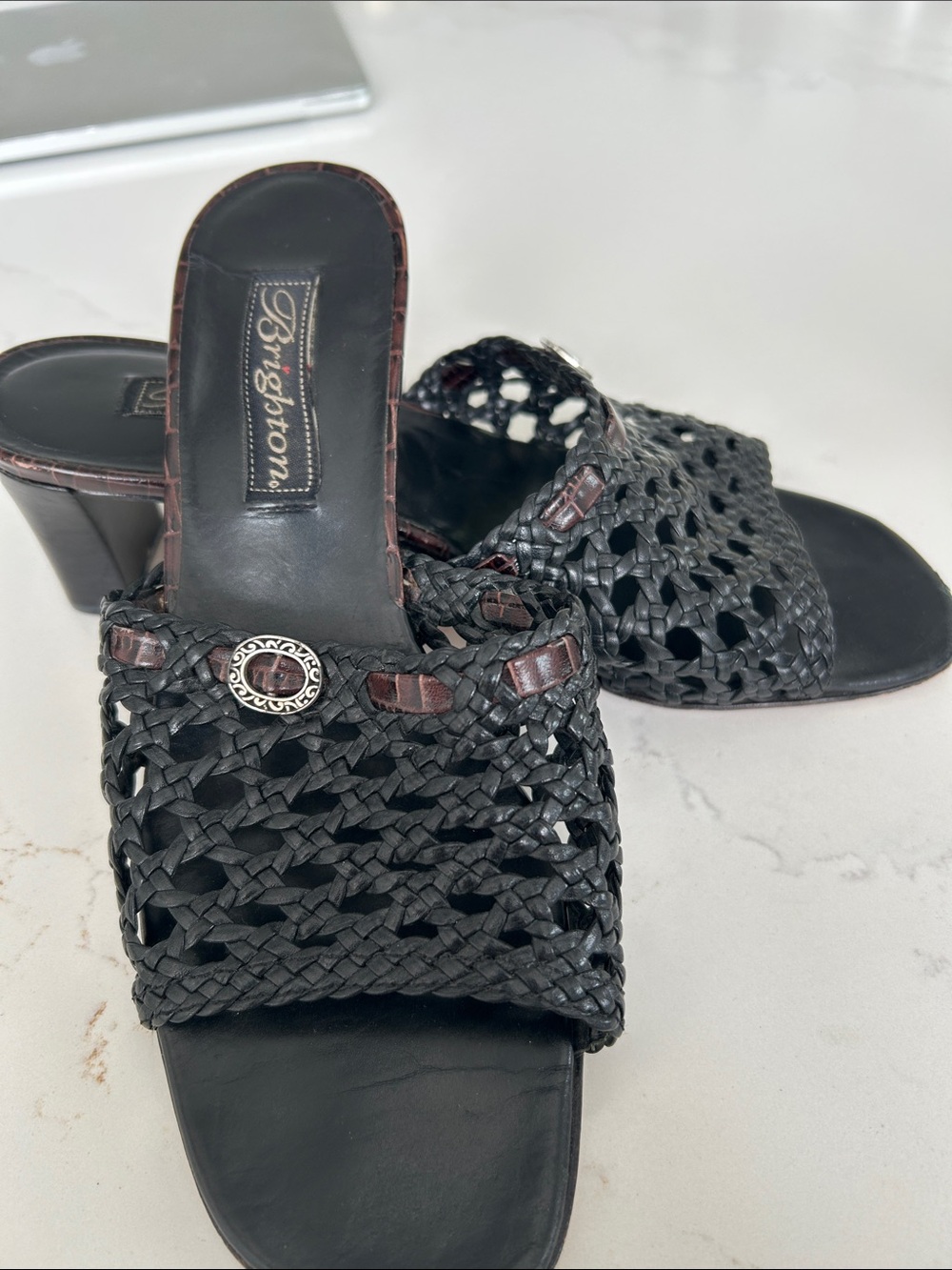 Brighton Black Woven Leather Mule Slides with Brown Trim